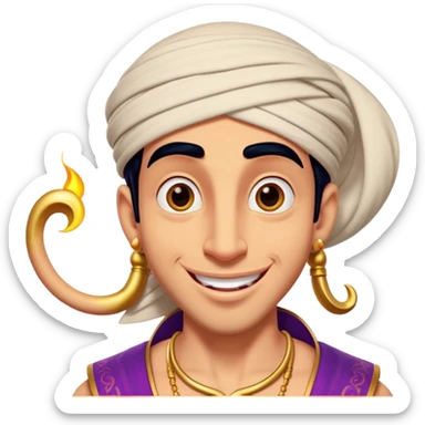 Cinematic Realistic Aladdin Portrait, head tilted dramatically with an exaggeratedly amused expression, featuring vibrant eyes and a slight, roguish grin. His detailed attire and subtle magical accents are brought to life with dynamic lighting and vivid textures, capturing a rare, playful burst of humor from a daring street-wise adventurer. sticker