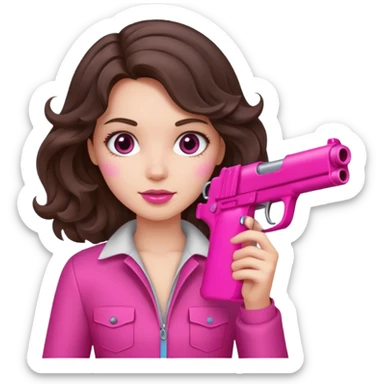 brunette girl with wavy hair holding a hot pink gun sticker