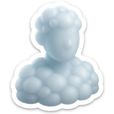 a person composed entirely of pure white convex clouds, shoulder up, front view, matte glass style sticker