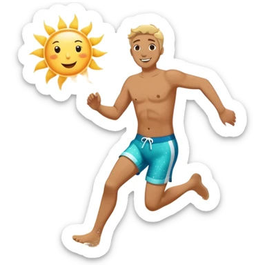 A white man running into the ocean, paisaje embracing the waves and the moment. The sun shines warmly, and the water sparkles, symbolizing the joy of creating fun and appreciating life’s simple moments. Their footprints in the sand fade as they fully immerse themselves in the present. sticker