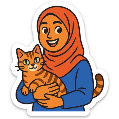 modern plain pashmina hijab woman holding a tabby cat, colorful cartoon style, happy expression sticker