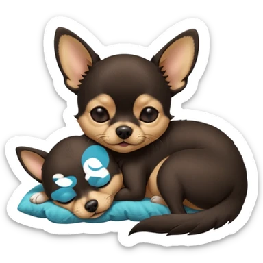 A high-resolution photo-realistic digital illustration of a cute black and tan chihuahua with eyes closed shut sleeping lazily on the ground sticker
