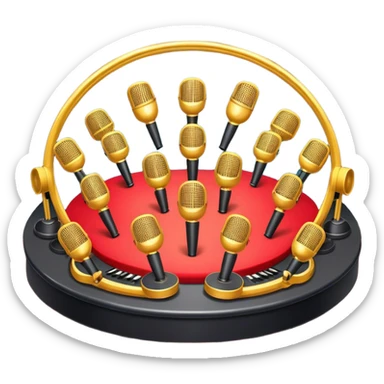 Create a vibrant and dynamic emoji that represents choral vocal performance. The design should feature 10 vintage stage microphones arranged in a semi-circle on a concert stage, symbolizing a vocal group or choir. Add musical notes flowing around the microphones to represent harmony and unity in the performance. Include concert lighting and a celebratory atmosphere to convey the excitement of live music. Use bright, bold colors like red, gold, and silver to emphasize the energy and glamour of the stage. The background should be transparent. sticker