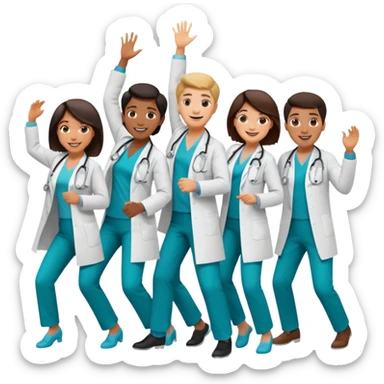 doctors in white coats of different ethnic background and both sexes dancing / doing cardio sticker