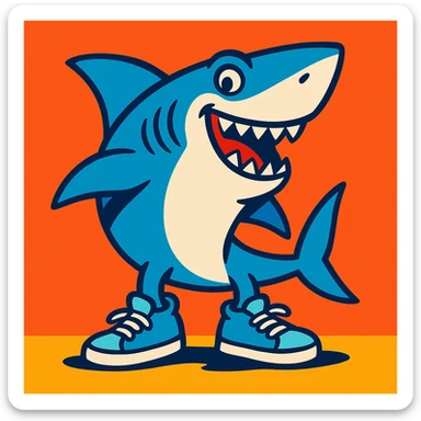 shark with light blue sneakers, funny illustration style, vibrant colors, playful sticker