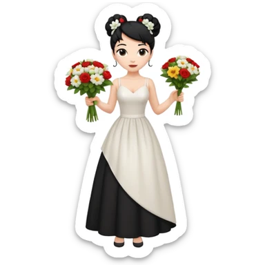 Chica blanca,cuerpo entero, vestido boda asimétrico tirantes , pelo negro,   1 ramo de flores , pelo recogido en moño alto sticker