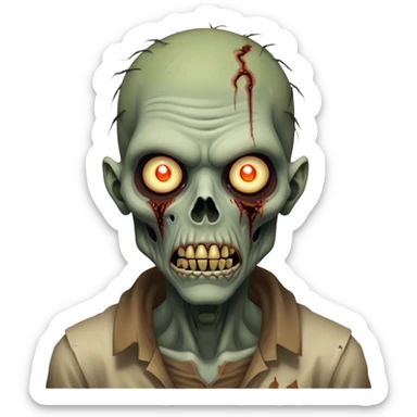 Cinematic Realistic WoW undead friendly zombie Portrait, head tilted epicly and inquisitively, showcasing grim resilience and defiant strength. His withered, pallid skin and intense, glowing eyes contrast starkly with his worn, earth-toned clothes, rendered in meticulous detail. With dynamic, high-contrast lighting and high shine, this portrait exudes an epic aura, capturing the relentless will of a battle-hardened undead friendly zombie. sticker