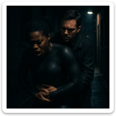 caught by a man performing a Heimlich maneuver on her in the dark alleyway, skintone thick skintight bodysuit, dark skin sticker