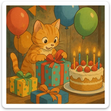 ginger tabby kitten opening presents, birthday party scene with balloons and cake, ghibli style sticker