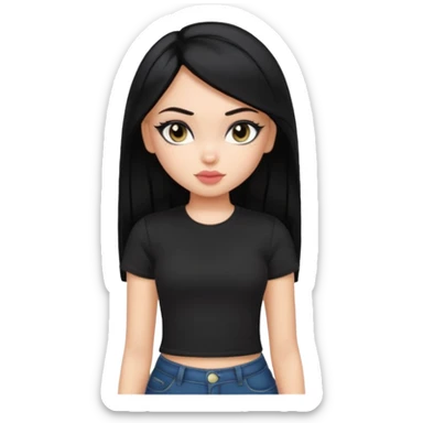 a pretty bratz girl with straight black hair wearing a black tshirt, eyeliner, side part. waist up sticker