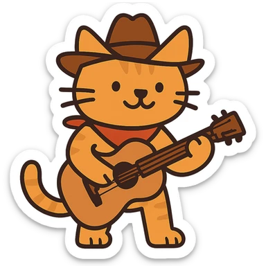 flat toon orange cowboy cat strumming an acoustic guitar  sticker