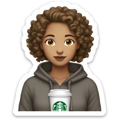 Light skin girl with gray hoodie, brown, curly hair, brown eyes with Starbucks sticker