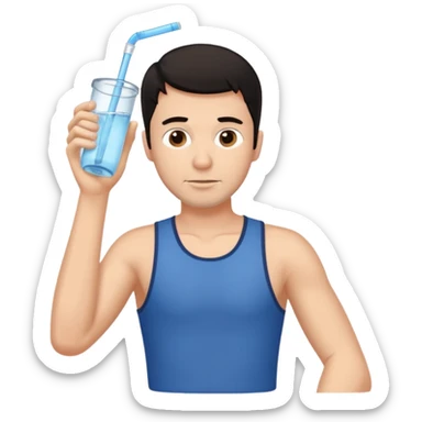 Dark haired man, full right arm in traction and can’t reach his water straw  sticker