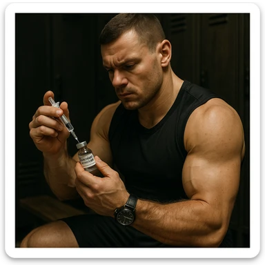 European powerlifter in locker room preparing a syringe labeled 'TESTOSTERONE PROPIONATO', concentrated expression, visible watch, secretive atmosphere, realistic details sticker