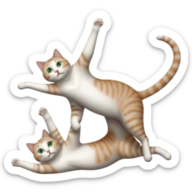 grey and white cat with green eyes doing a big extremely long stretch reaching up into the air with arms and legs side by side together straight and overextended whilst lying on its side sticker