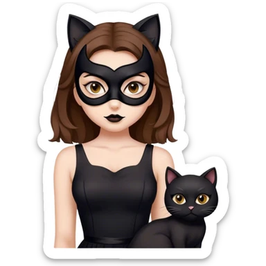 Girl with brown medium hair, white skin, in black dress with black cat mask sticker