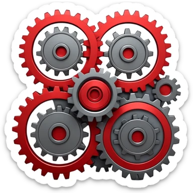 A 3D mechanical generator icon with interconnected gears, modern industrial style, red and gray color scheme, featuring:
- Multiple spinning gears in metallic gray
- Glowing red energy core in the center
- Subtle red light emissions between the gears
- Clean, technical aesthetic
- Smooth metallic textures
- Minimal shadows for depth
- Some gears slightly exposed outside the main frame
--ar 1:1
--style raw
--v 5.2
--no text
--c 15
--q 2 sticker