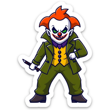 evil clown warrior, bald, small black horns on forehead, fangs, pointed ears, eye patch over one eye, long coat over black and military green leisure suit with bellbottom pants, realistically proportioned, less bulky, full body visible, battle-ready fighting posture sticker
