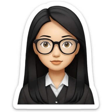30 yr old asian woman, straight thick long black hair, big black glasses, side part sticker