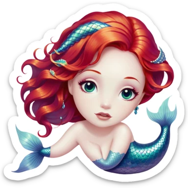 Cinematic Realistic Red Hair Mermaid Portrait, depicted with lifelike porcelain white skin that glows with an ethereal radiance, enhanced by soft underwater lighting. Her intricately detailed, flowing red hair cascades like liquid fire, framing deep, soulful eyes that mirror the mysteries of the deep sea. Accented by shimmering, iridescent scales and delicate aquatic embellishments, the portrait features an enchanting underwater glow that marries realism with mythic ocean elegance. sticker