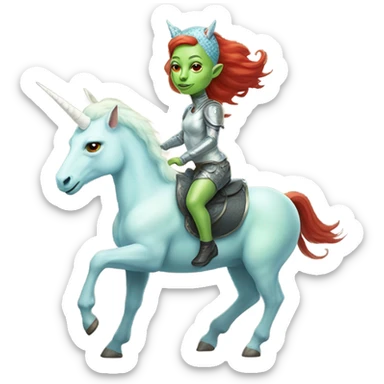 [politically incorrect
	{ woman: alien, color: light green, hair:red, eyes:cat} ]
	on a 
	[{ unicorn: white, legged:four, mane: light blue }] sticker