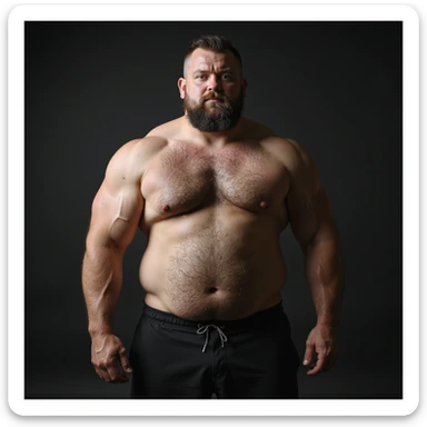 realistic 4K photo of a crossfit male athlete with muscular mass covered by fat, robust but poorly defined physique, relaxed posture, neutral lighting, gym background sticker