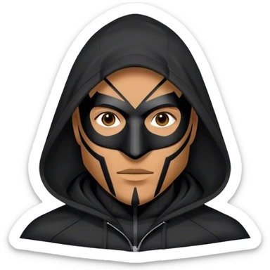 man with black hooded jacket and a full-black full-face geometric mask sticker