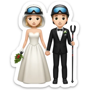 a recently marries couple skiing, ski helmet on in wedding dress and tux sticker