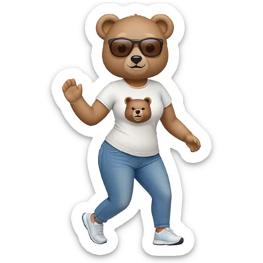 friendly anthropomorphised female bear in jeans and a t-shirt, wearing dark sunglasses, jogging upright in standard pose sticker