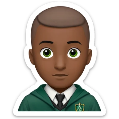 louis cordice is Blaise Zabini in harry potter, wear hogwarts slytherin uniform, Buzz Cut hair, black skin, long face sticker