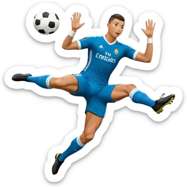 Ronaldo doing a bicycle kick with football in mid air While wearing a Retro blue Real madrid kit and yes i want it to be exactly the same as he Scored it in 2018 vs Juventus  sticker
