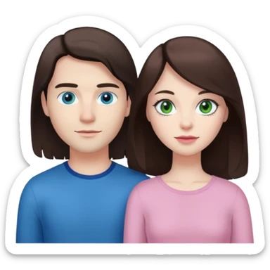 pink polaroid photo of a couple thats white with long brunette hair blue eyes and a white guy with short brunette hair and green eyes sticker