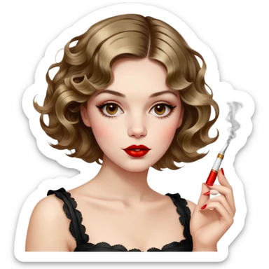 Alluring 1870's French girl french shiny wavy textured bob haircut tousled hair red lips smoking cigarette sticker