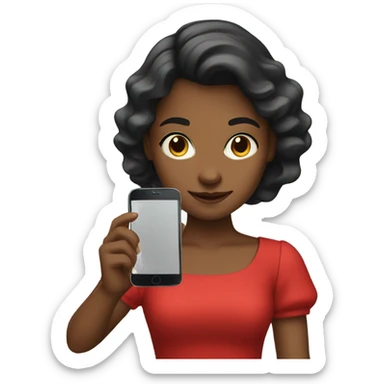 a girl in a red dress holding a cell phone sticker