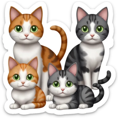 4 different coloured small cats including a dark grey and white, and a patchy calico, and a brown tabby and white,  and a completely solid dark grey with green eyes and only white paws sticker