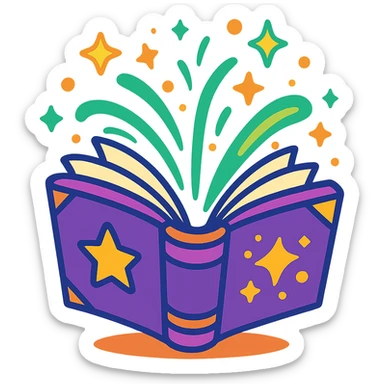 animated icon of a magic book opening with vibrant colors, glowing magical effects, dynamic motion sticker
