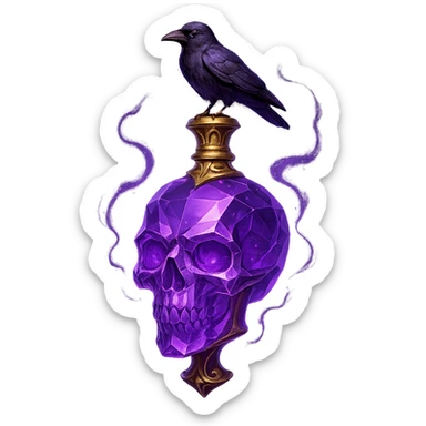 luxurious crystal elixir bottle in the shape of a skull, violet color with lots of glowing effects, sharp edges, ornate details, golden accents, magical effects, very small golden neck, beautiful merging base, clearly hanging in the air with no base or shadow, small crow sitting on top of the bottle, premium class design, matching a collection, transparent background sticker