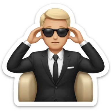 white man in formal suit wearing sunglasses resting with hands behind head sticker