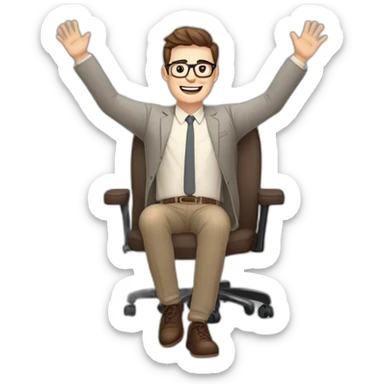 Joyful Celebrating victory Hands up Pale skinned Fit Man With dark brown hair in gray jacket, beige office shirt, Brown pants and vintage glasses sitting In a soft chair sticker