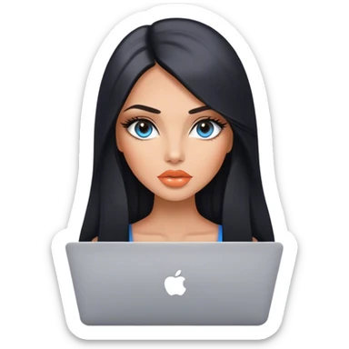 Glamours, tanned, very beautiful girl, with big pump peach lips, black straight smooth silky long hair, straight parting, blue-grey eyes with MacBook sticker