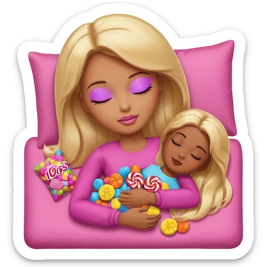 Brown skin blonde hair Barbie sleeping in bed with eyes closed with candy sticker