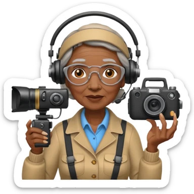 woman cameraman hold a camera, elderly black skin sticker