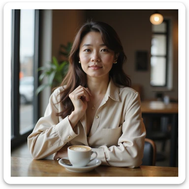 photorealistic upper-body portrait of a stylish Korean woman in her late 20s, exuding luxury and attention to detail, premium coffee and dessert enthusiast, poised and confident, soft modern background sticker