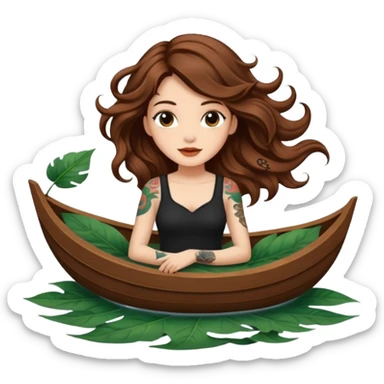 cute woman long wavy brown hair tattoos floating on leaf boat sticker