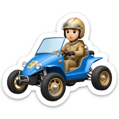 A small blue and gold dune buggy featuring a driver in a motorcycle helmet, with the word "BAJA" displayed on the side panel. sticker