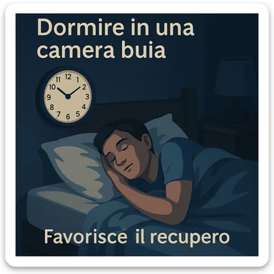 realistic and relaxing illustration of a person sleeping peacefully in a bed in a dark room, with a clock showing 7-8 hours, calm and restful atmosphere, include Italian text in the image: "Dedicati 7-8 ore di sonno a notte" and "Dormire in una camera buia favorisce il recupero" sticker