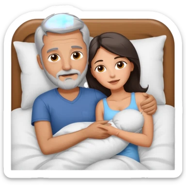 Man with grey hair and beard, and beautiful brunette woman spooning in bed sticker
