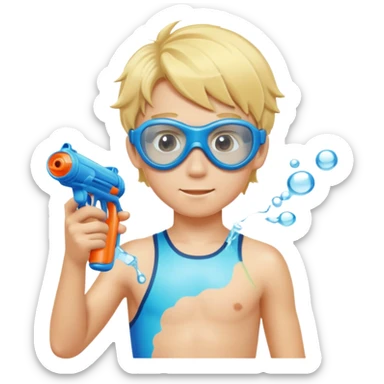 Blond 18 year old boy, wearing swim goggles and holding a water gun sticker