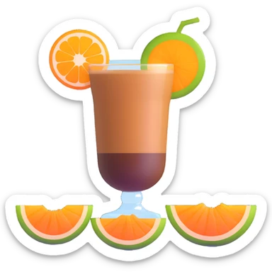 coffee carajillo drink with liquor in a glass with a slice of orange cantaloupe melon on the side sticker
