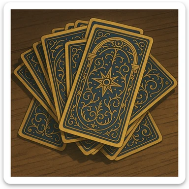 tarot card deck with ornate, intricate backs, gold and deep blue color palette, cards fanned out, mystical and elegant sticker